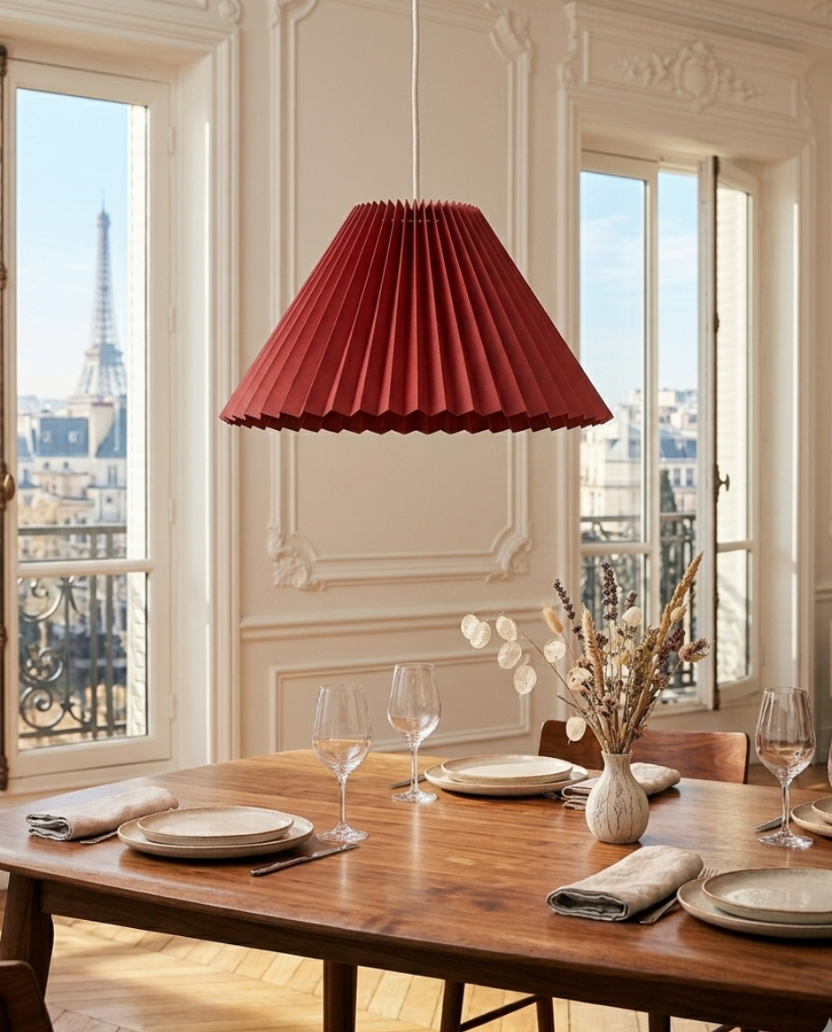 Abat-jour Sèvres rouge en suspension dans une salle à manger claire