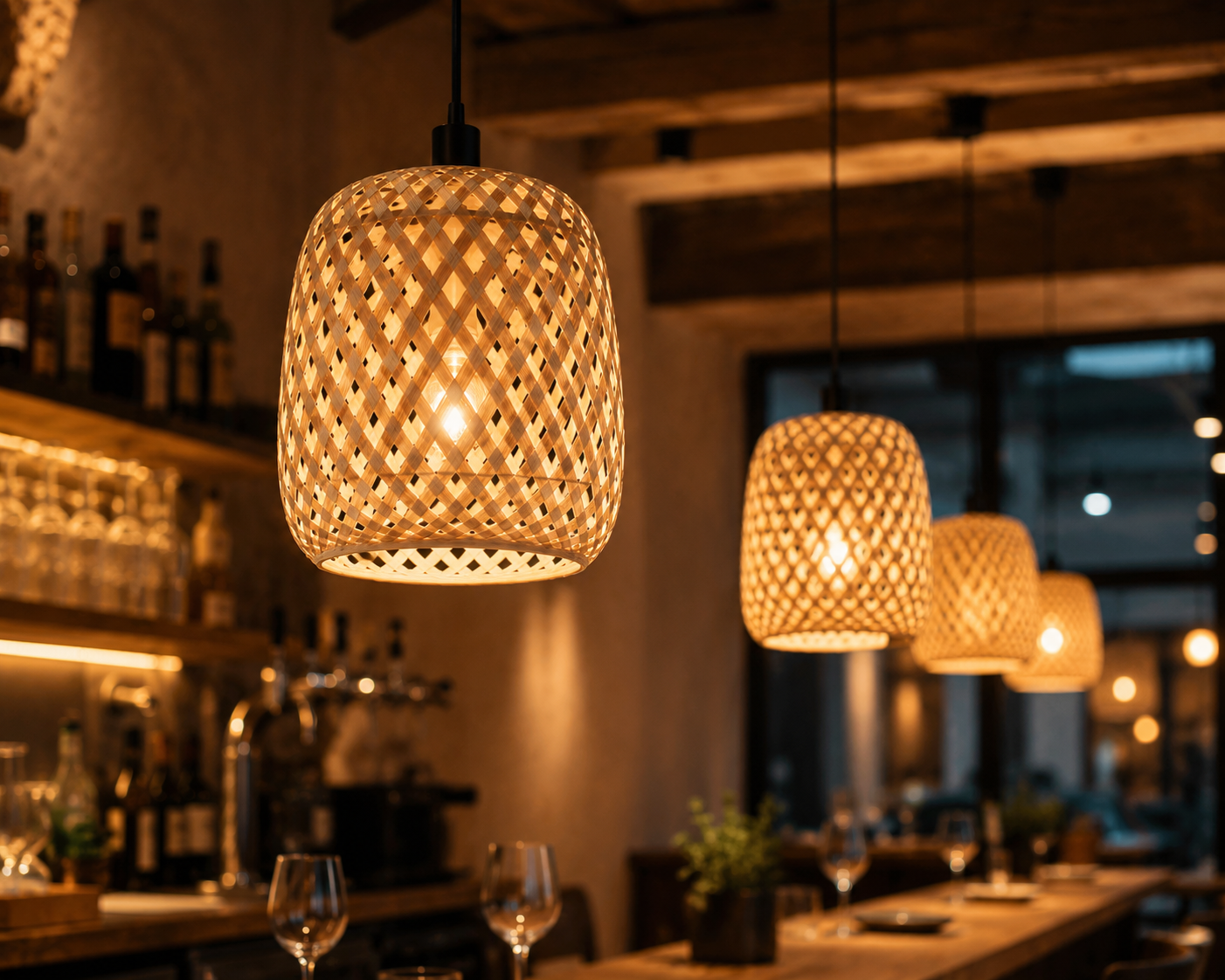 Abat-jour Sully en suspension au-dessus d’une table avec lumière chaude