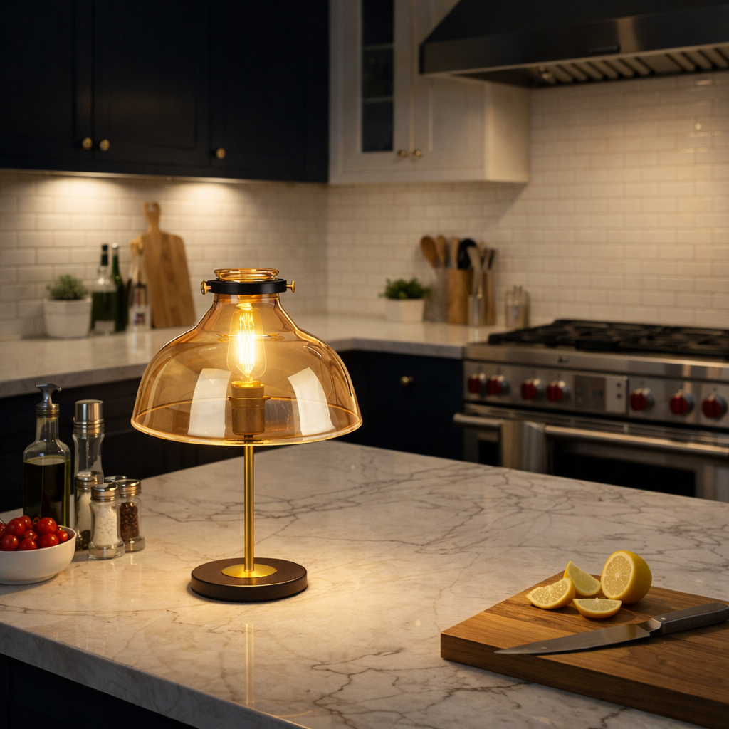 Abat-jour Tuileries en verre sur lampe de table dans une cuisine avec lumière chaude