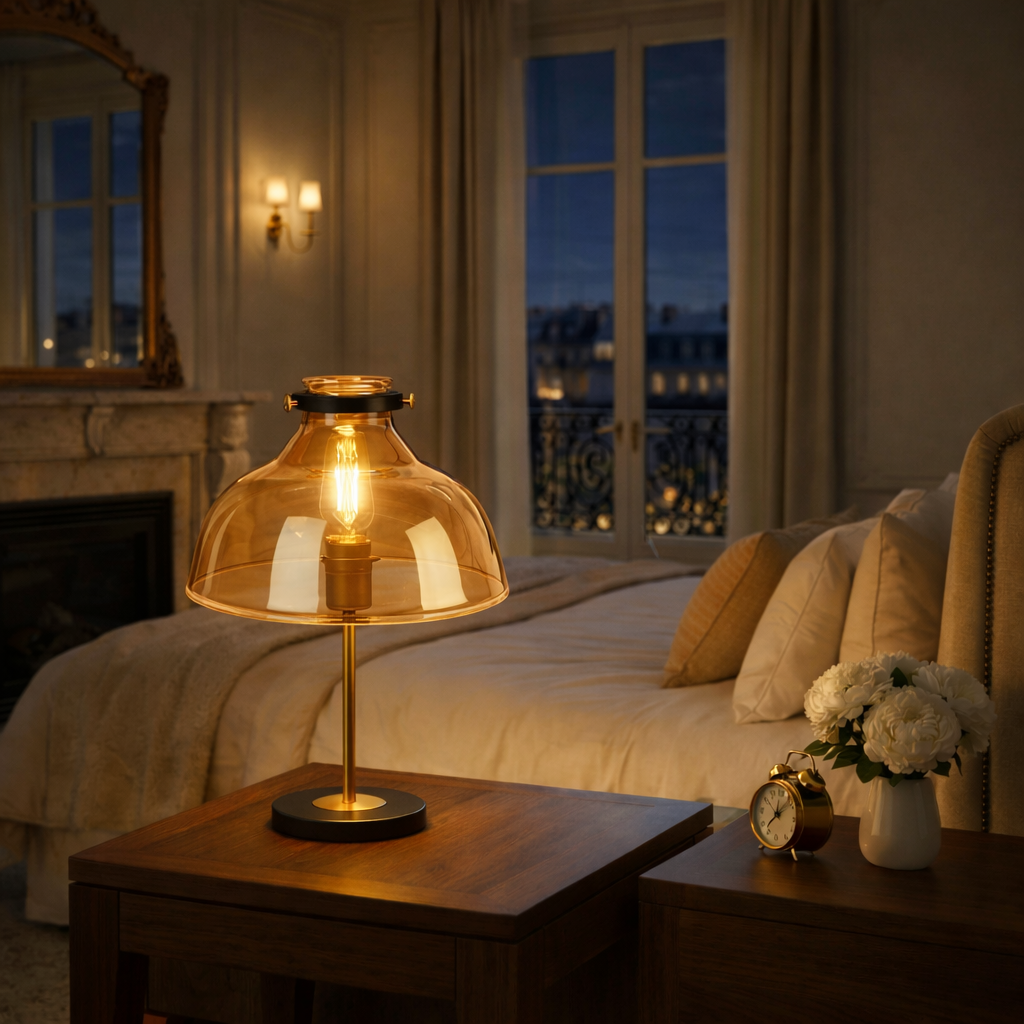 Abat-jour Tuileries en verre sur lampe de table avec lumière chaude
