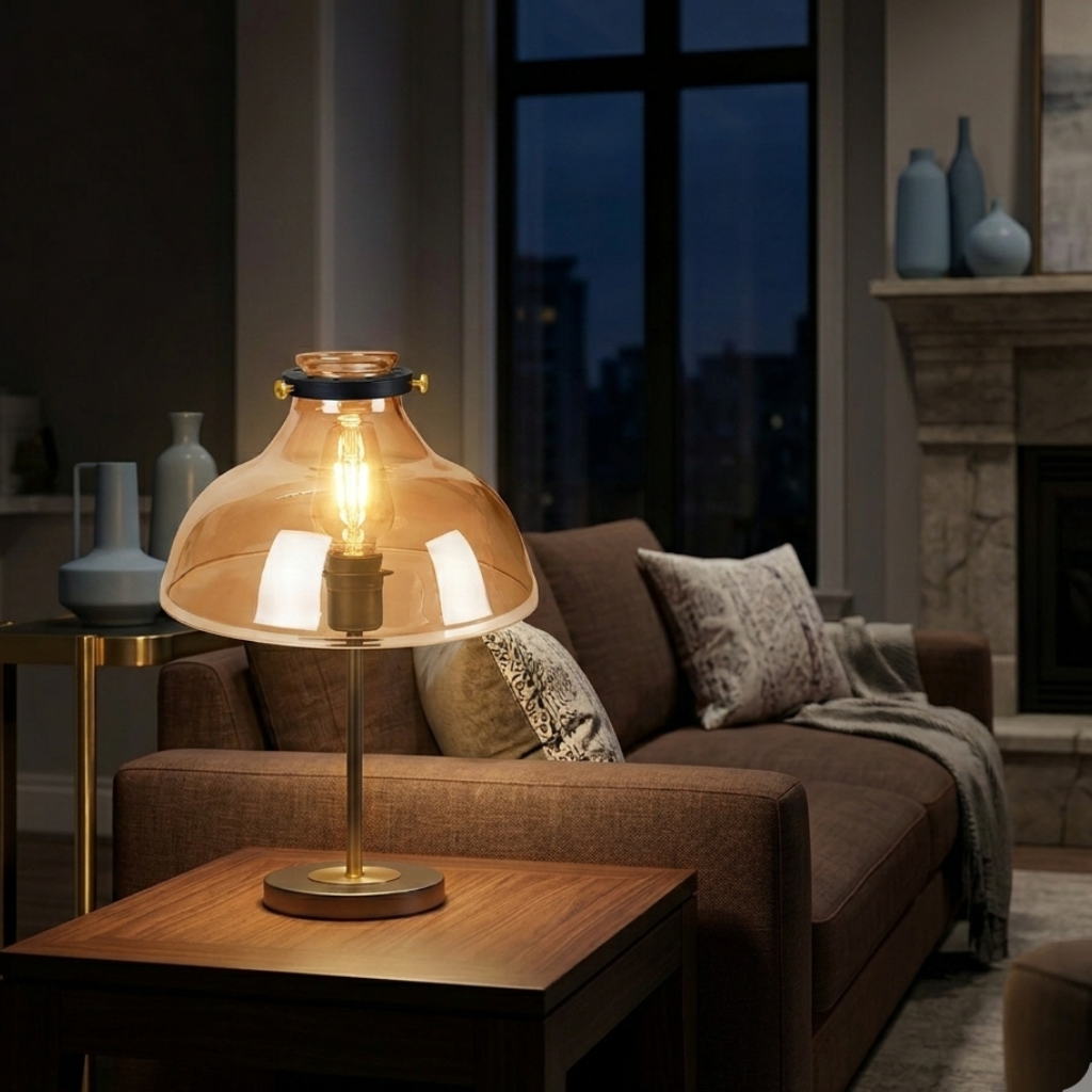 Abat-jour Tuileries en verre sur lampe de table dans un salon avec lumière chaude