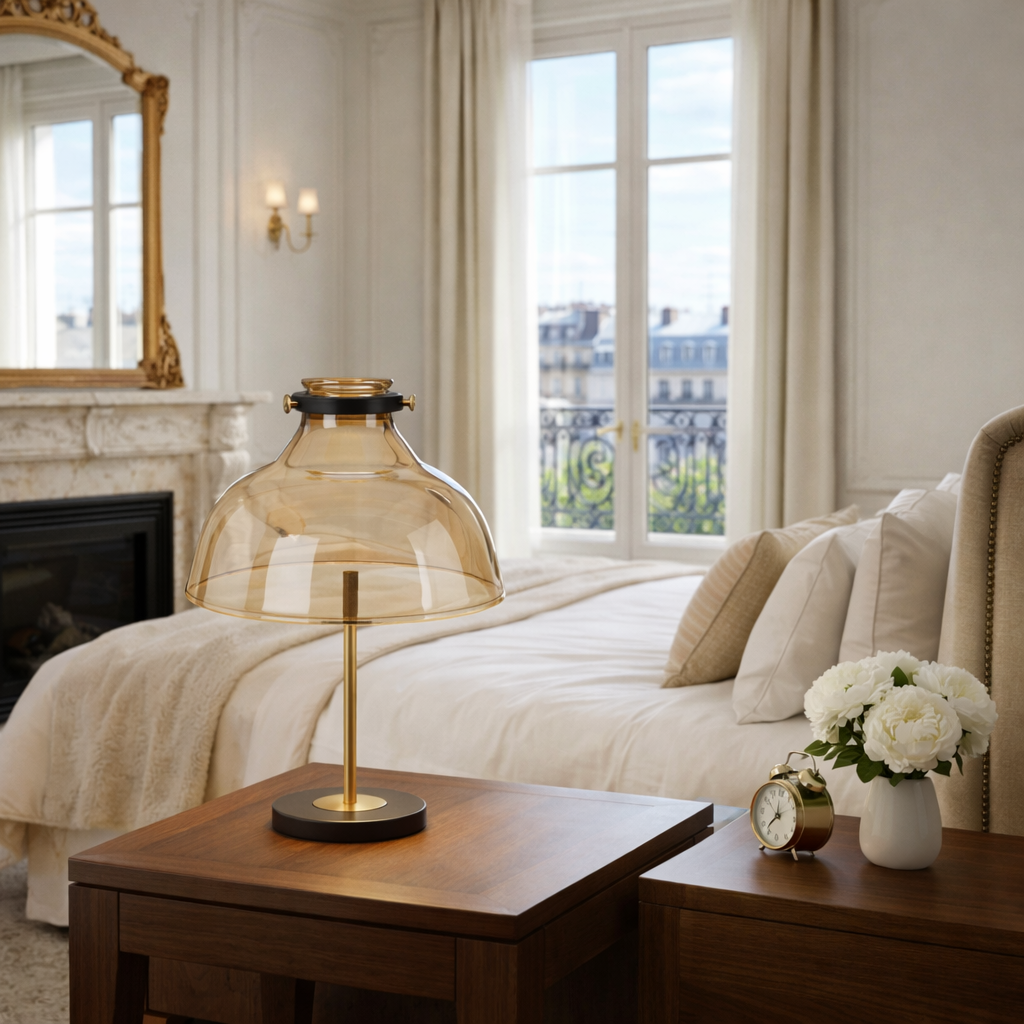 Abat-jour Tuileries en verre marron sur lampe de chevet dans une chambre claire