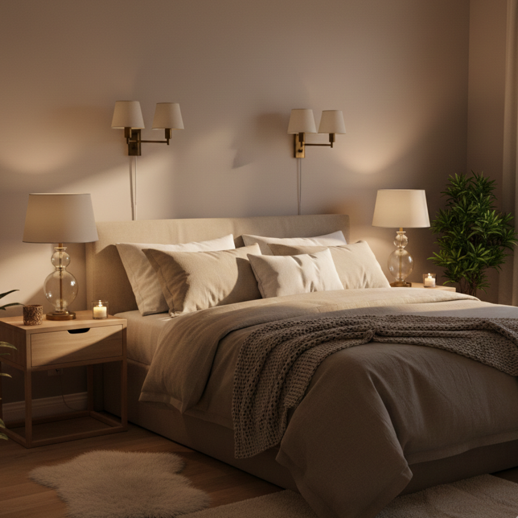 Lot de 6 abat-jours Varenne en tissu crème dans une chambre claire
