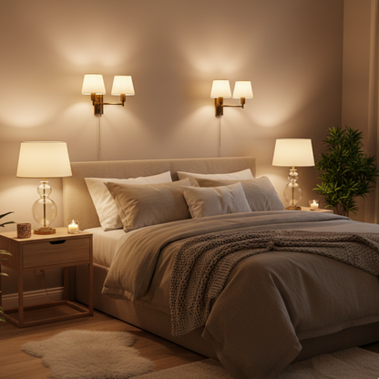 Lot de 6 abat-jours Varenne en tissu crème dans une chambre avec lumière chaude