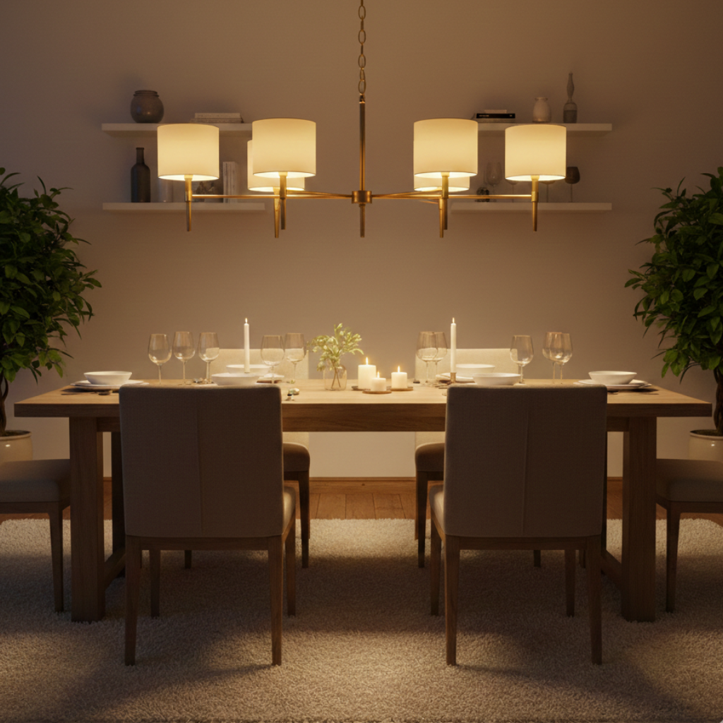 Lot de 6 abat-jours Varenne en tissu crème dans une salle à manger avec lumière chaude