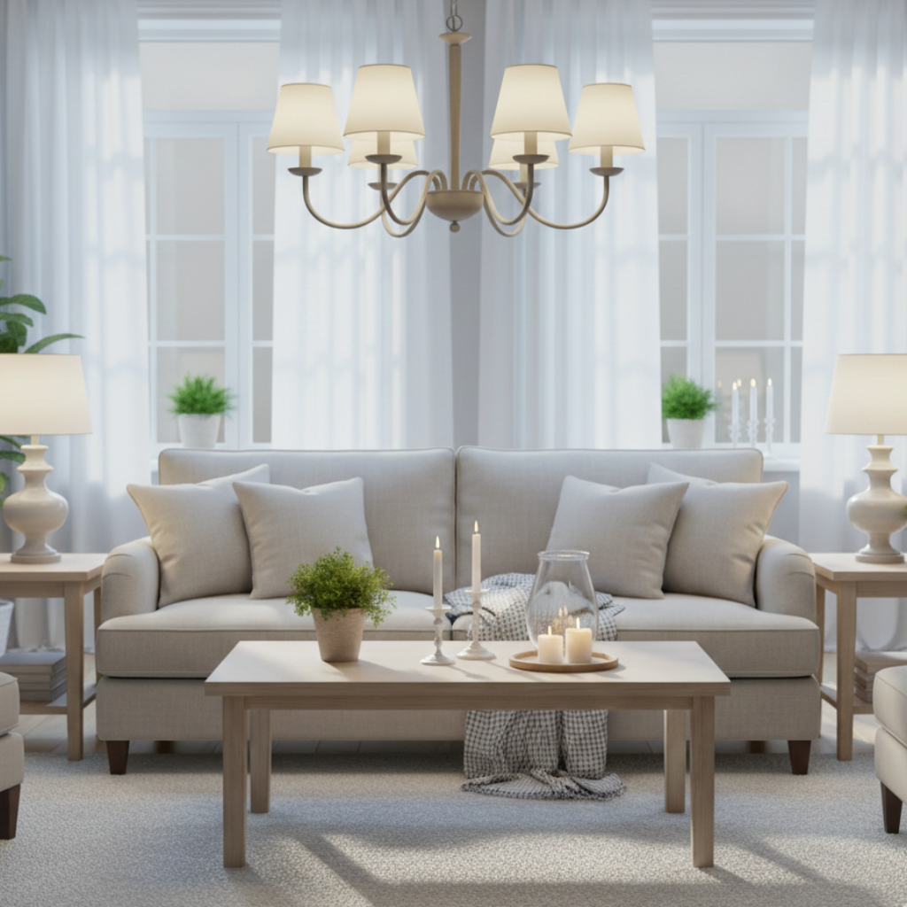 Lot de 6 abat-jours Varenne en tissu crème dans un salon avec lumière chaude