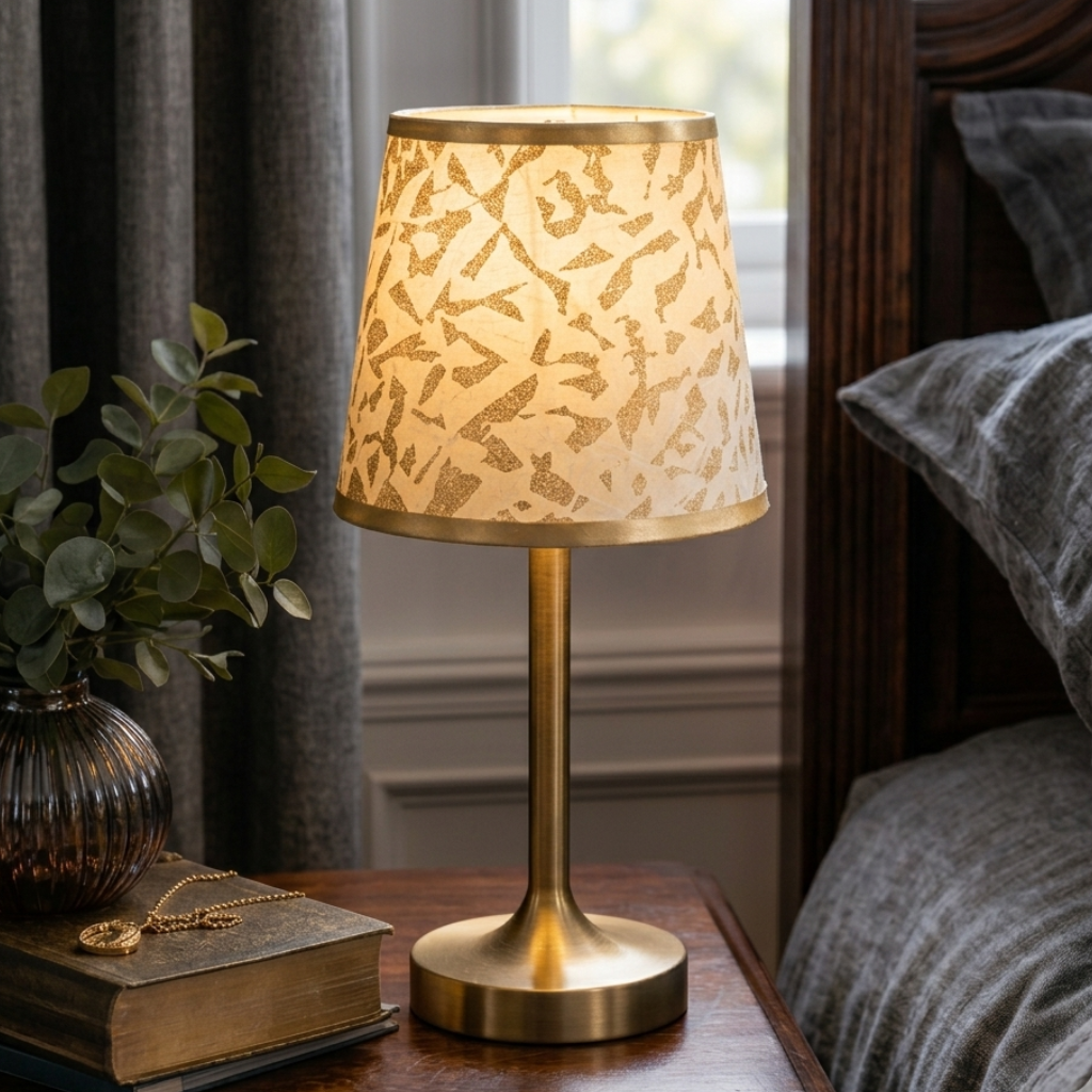 Abat-jour Réaumur doré sur lampe de table avec lumière chaude