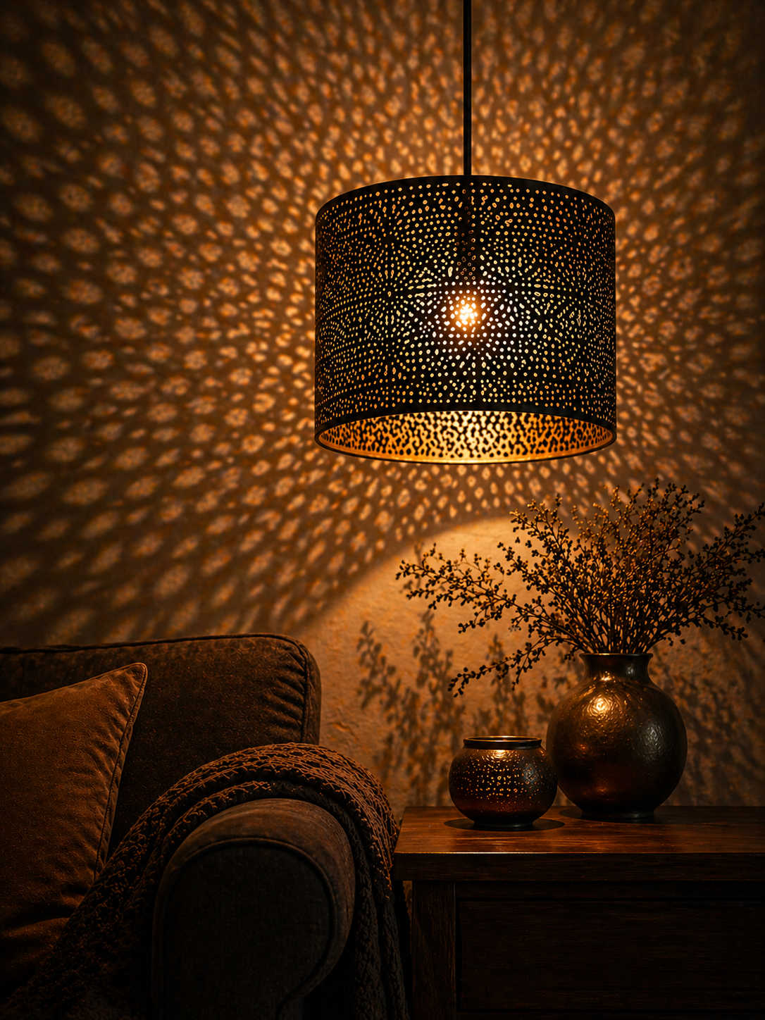Abat-jour design moderne ajouré créant un effet de lumière décoratif dans un intérieur chaleureux