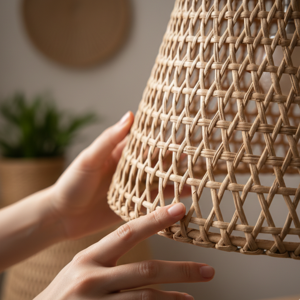 Détail du tressage d’un abat-jour en rotin et bambou pour lampes, suspensions et appliques