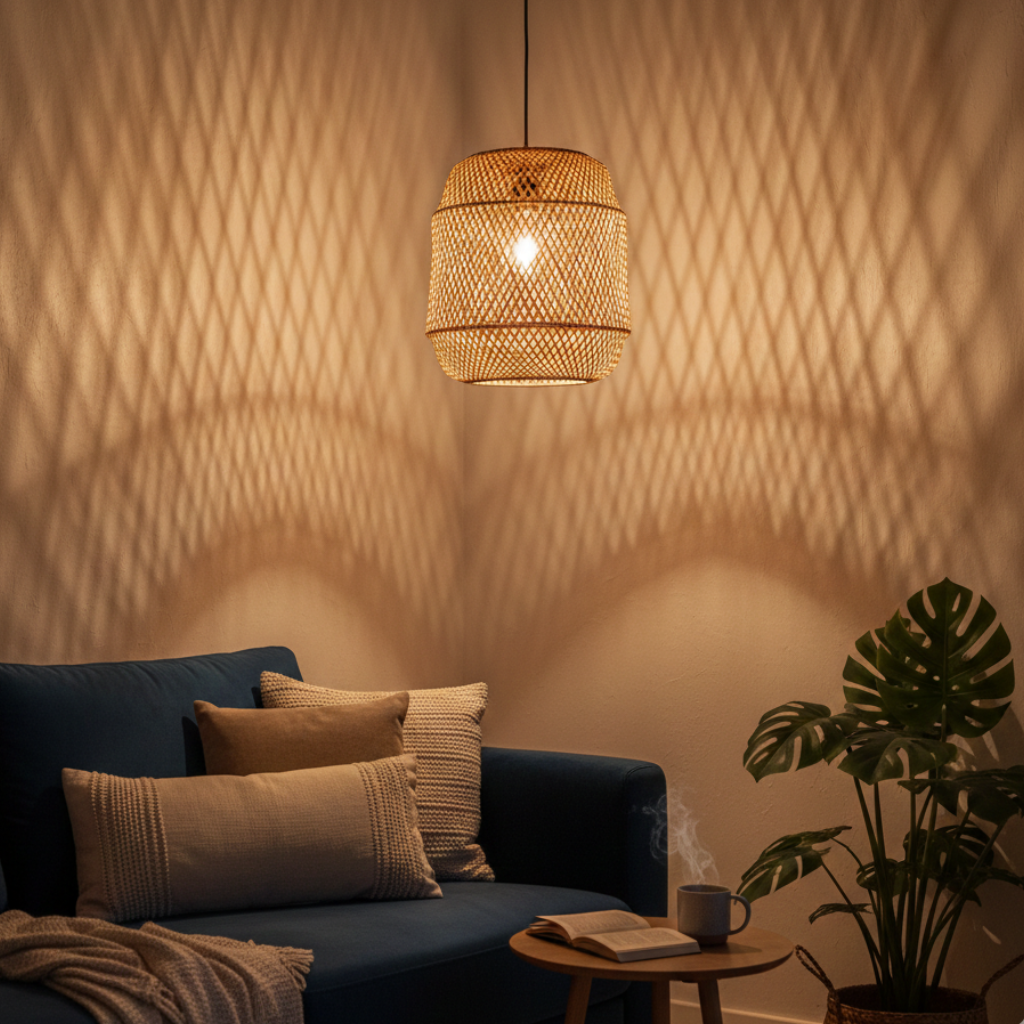 Suspension en rotin et bambou créant des jeux de lumière et d’ombres décoratives dans un salon