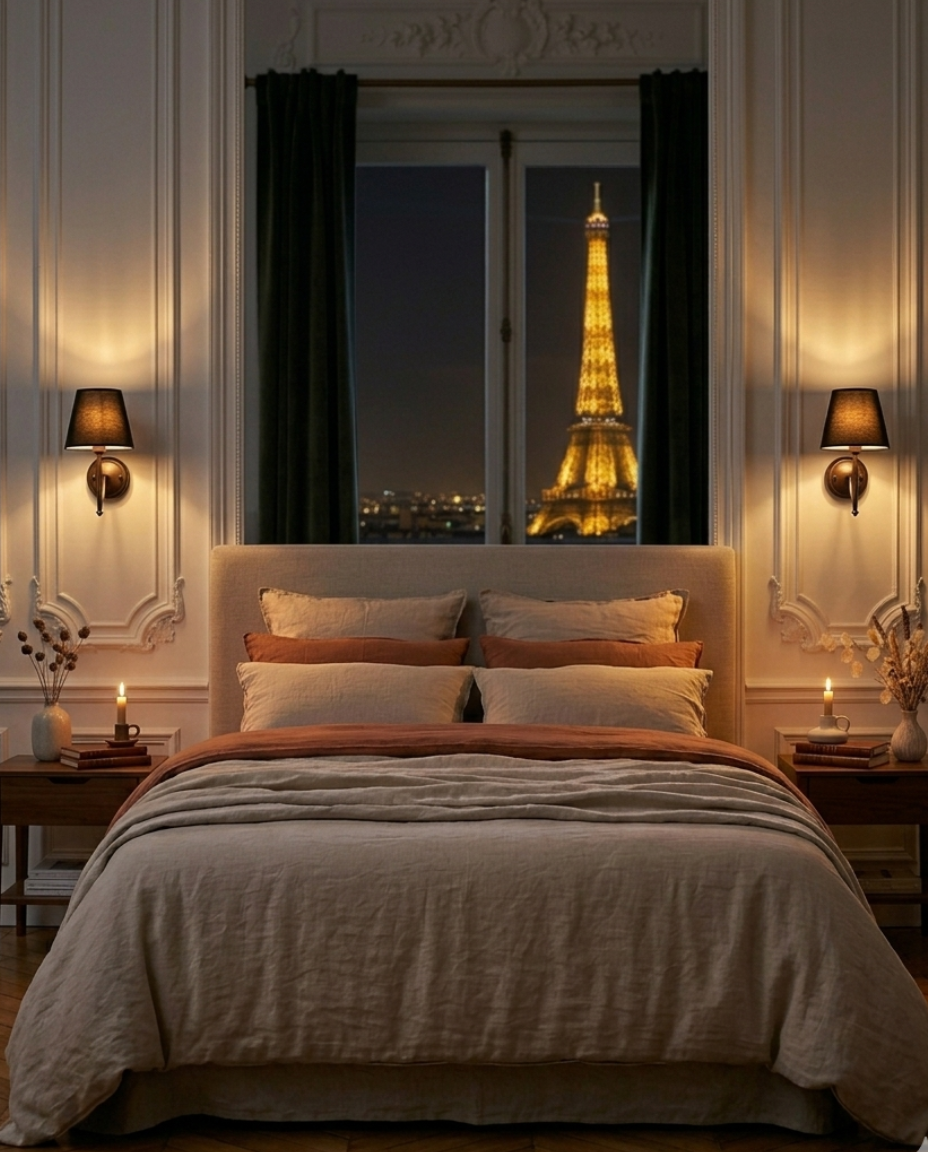Lot de 2 abat-jours Cambon noirs sur lampes de chevet dans une chambre avec lumière chaude