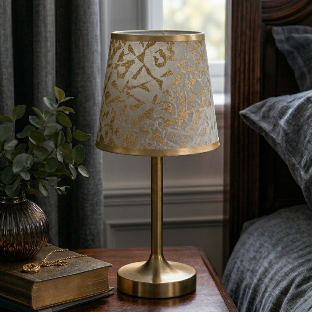 Abat-jour Réaumur doré sur lampe de chevet dans une chambre claire